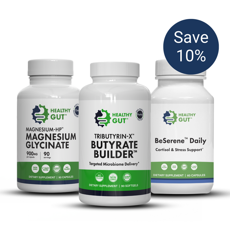 Front view of three supplement bottles: Tributyrin‑X Butyrate Builder, Magnesium Glycinate, and BeSerene Daily, with Save 10 percent badge