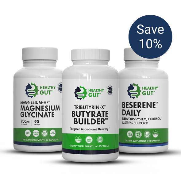 Front view of Best Sleep Bundle with three bottles (Magnesium Glycinate, Tributyrin-X, BeSerene Daily) and navy Save 10% badge