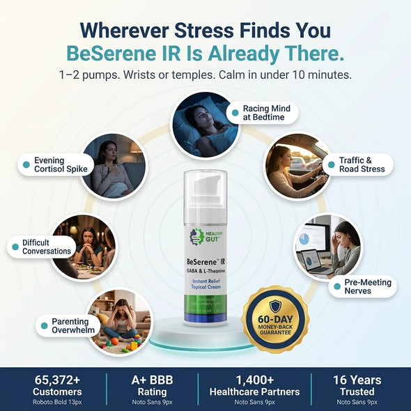 Infographic headline BeSerene IR Is Already There showing product cream and uses like bedtime racing mind and traffic stress