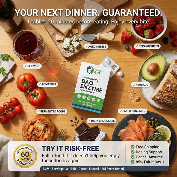 Promotional banner showing HistaHarmony DAO Enzyme box, headline 'Your Next Dinner. Guaranteed', labeled trigger foods, and 60-day risk-free guarantee