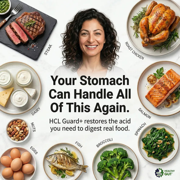 Ad graphic showing 'Your Stomach Can Handle All Of This Again' and HCL Guard+ restores stomach acid to help digest common foods