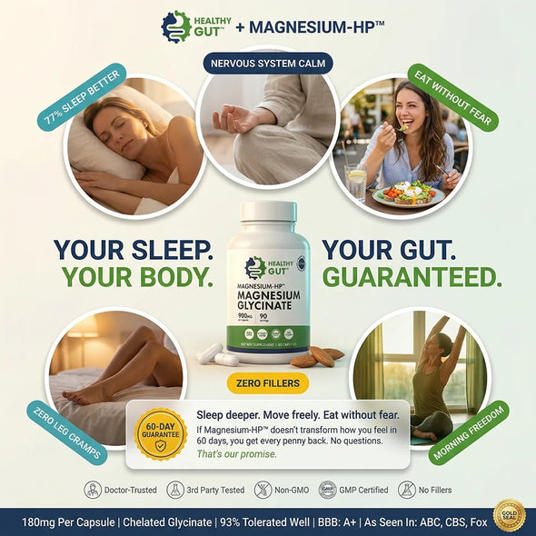 Promotional banner showing 'Your sleep. Your body. Your gut. Guaranteed.' and Magnesium-HP benefits with zero fillers and a 60-day money-back guarantee