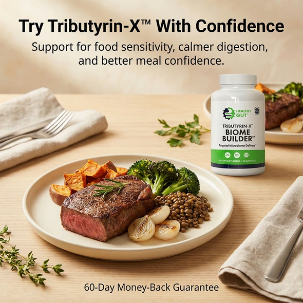 Promotional banner showing ‘Try Tributyrin‑X’ headline, a Tributyrin‑X bottle beside a plated meal, and ‘60‑Day guarantee’