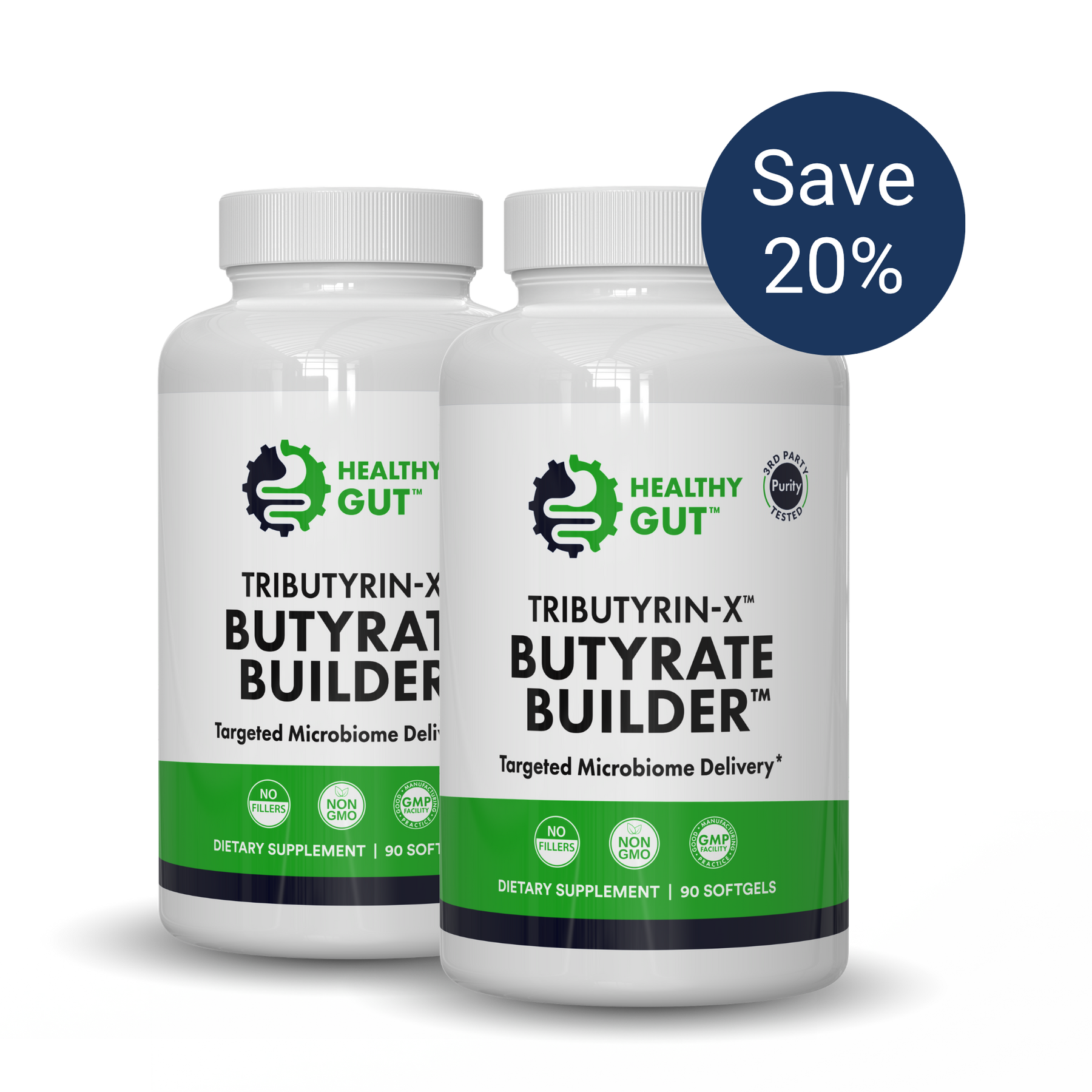 Front view of two Tributyrin-X Butyrate Builder bottles with Targeted Microbiome Delivery and blue Save 20 percent badge 