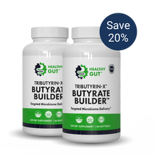 Front view of two Tributyrin-X Butyrate Builder bottles with Targeted Microbiome Delivery and blue Save 20 percent badge 