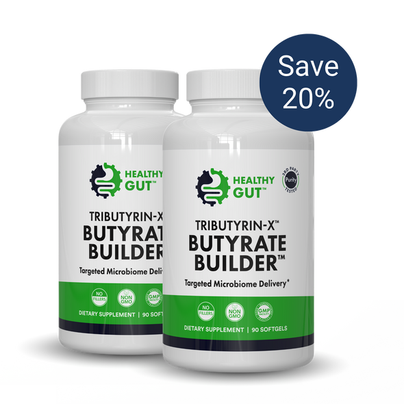 Front view of two Tributyrin-X Butyrate Builder bottles with Targeted Microbiome Delivery and blue Save 20 percent badge 