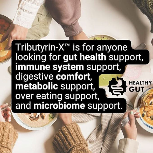 Informational graphic: Tributyrin‑X for gut, immune, digestive, metabolic, appetite control, and microbiome support