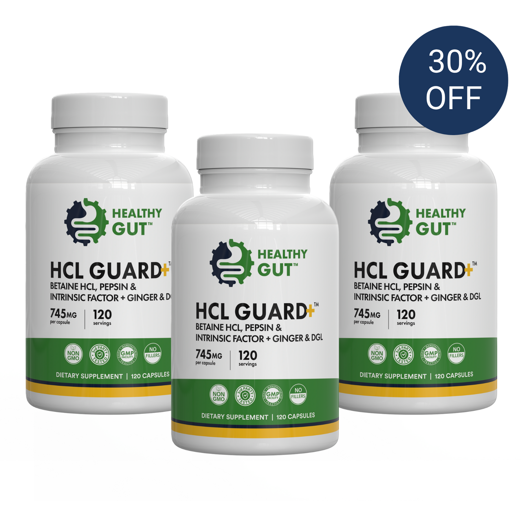 Front view of three HCL Guard supplement bottles showing label and Healthy Gut logo with blue 30% OFF badge on white