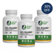 Front view of three HCL Guard supplement bottles showing label and Healthy Gut logo with blue 30% OFF badge on white