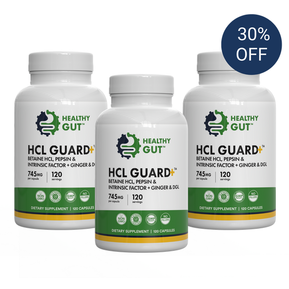 Front view of three HCL Guard supplement bottles showing label and Healthy Gut logo with blue 30% OFF badge on white