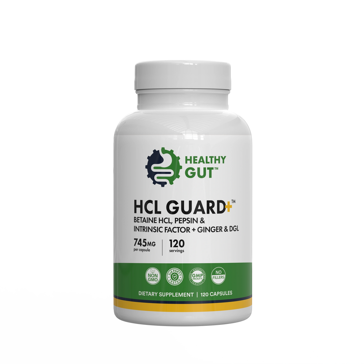 Front view of HCL Guard supplement bottle showcasing Healthy Gut logo and label HCL GUARD with green band on white background