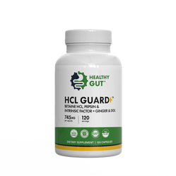 Front view of HCL Guard supplement bottle showcasing Healthy Gut logo and label HCL GUARD with green band on white background