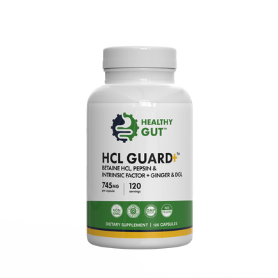 Healthy Gut HCL Guard+ supplement bottle — BETAINE HCL, PEPSIN & INTRINSIC FACTOR + GINGER & DGL, 120 capsules