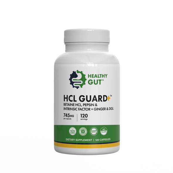 Front view of HCL Guard supplement bottle showcasing Healthy Gut logo and label HCL GUARD with green band on white background
