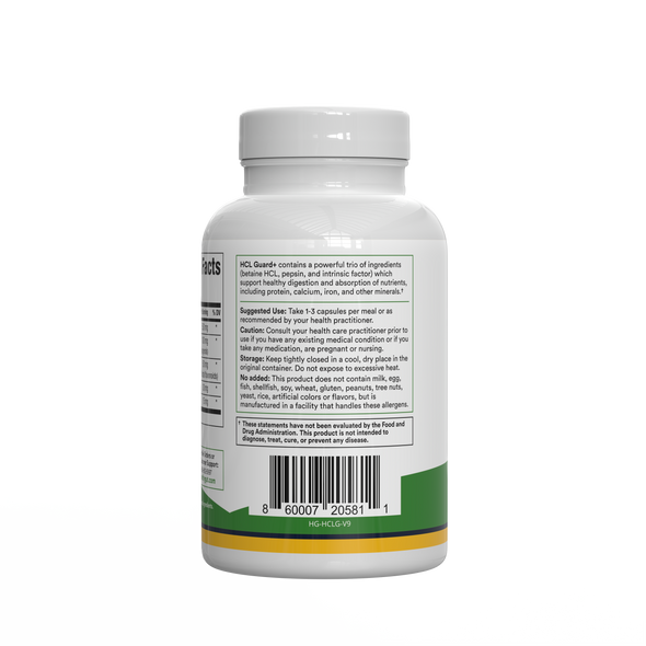 Rear view of HCL Guard supplement bottle showing back label with supplement facts, suggested use, and barcode on white background