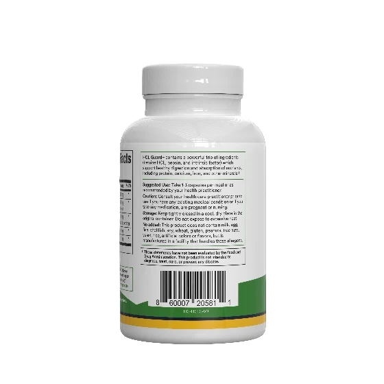 Rear view of HCL Guard supplement bottle showing supplement facts panel and barcode on a white background