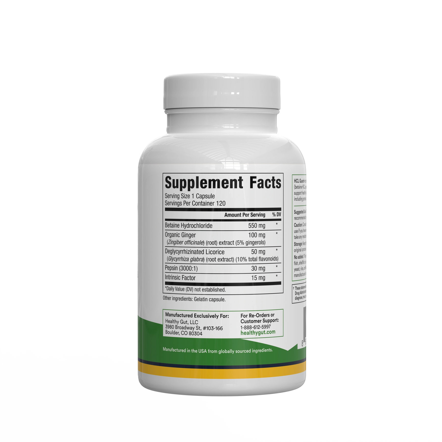 HCL Guard supplement bottle showing Supplement Facts panel with ingredient names and amounts