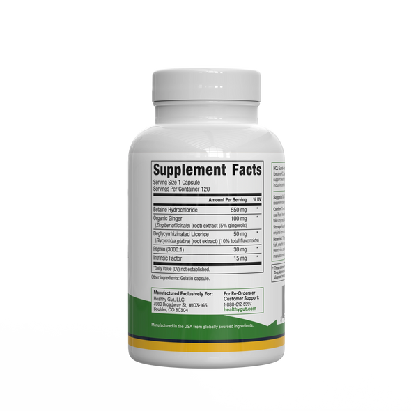HCL Guard supplement bottle showing Supplement Facts panel with ingredient names and amounts
