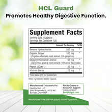 Supplement facts label showing headline 'HCL Guard Promotes Healthy Digestive Function' and ingredient list with amounts