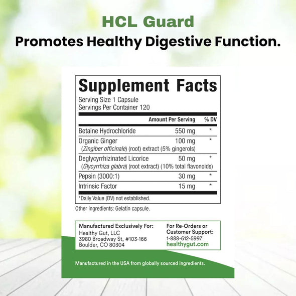 Supplement facts label showing headline 'HCL Guard Promotes Healthy Digestive Function' and ingredient list with amounts