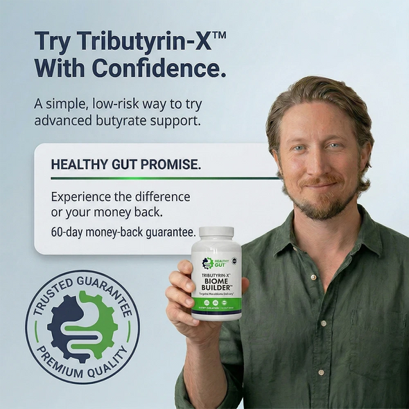 Promotional graphic showing Tributyrin-X with headline Try Tributyrin-X With Confidence and 60-day money-back guarantee