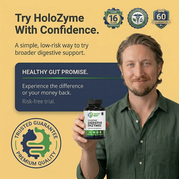 Promotional banner with headline Try HoloZyme With Confidence, man holding HoloZyme bottle, and Healthy Gut Promise guarantee
