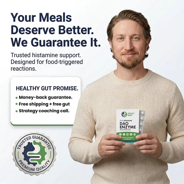 Promotional banner with headline Your Meals Deserve Better. We Guarantee It and man holding HistaHarmony DAO Enzyme box