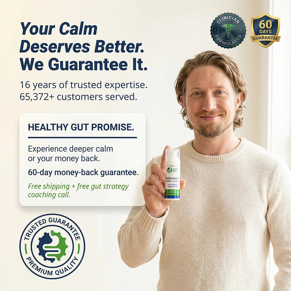 Promotional banner: Your Calm Deserves Better headline, man holding BeSerene Instant Relief, 60-day money-back guarantee