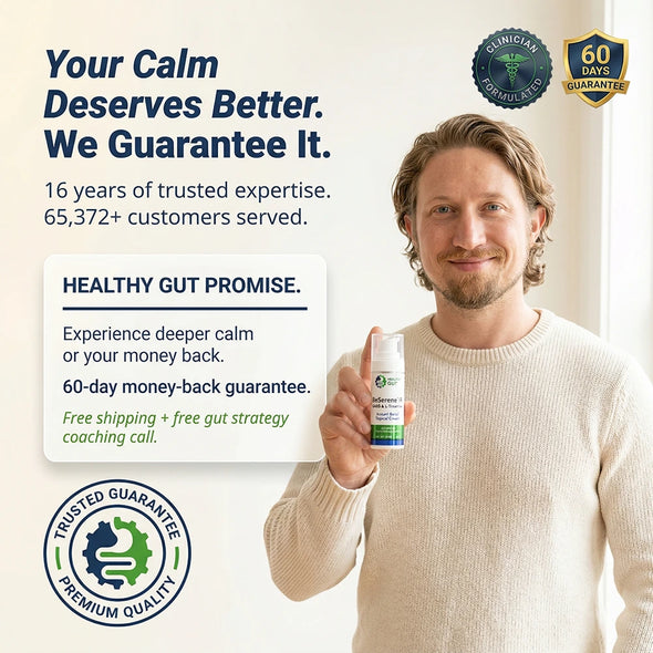 Promotional banner: Your Calm Deserves Better headline, man holding BeSerene Instant Relief, 60-day money-back guarantee