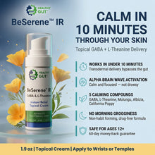Banner showing BeSerene IR cream, headline Calm in 10 minutes through your skin, and benefits transdermal GABA and L-theanine