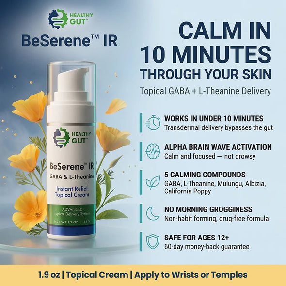Banner showing BeSerene IR cream, headline Calm in 10 minutes through your skin, and benefits transdermal GABA and L-theanine