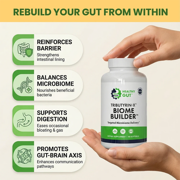Infographic titled Rebuild your gut from within showing Tributyrin-X Biome Builder bottle and key gut health benefits