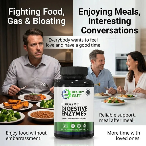 HoloZyme bottle centered; unhappy man left, happy couple right; overlay 'Fighting Food, Gas and Bloating' and 'Enjoying Meals'