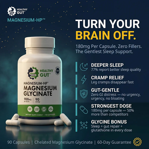 Promotional graphic showing Magnesium-HP bottle, headline 'Turn Your Brain Off', and bullets about deeper sleep, cramp relief, gut-gentle formula, and strong dose