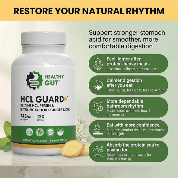 Front view of HCL Guard bottle showcasing label with Healthy Gut logo, 745 mg and 120 servings on white background