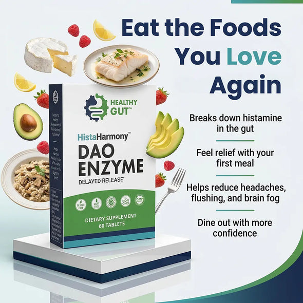 Three-quarter view of HistaHarmony DAO Enzyme supplement box showcasing DAO ENZYME Delayed Release label and 60 tablets on white background