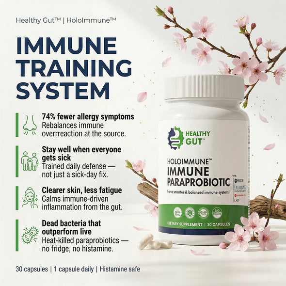 Banner 'IMMUNE TRAINING SYSTEM' with HoloImmune bottle and claim of 74 percent fewer allergy symptoms