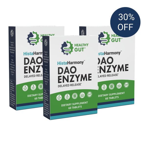 Three-quarter front view of HistaHarmony 3-Month Supply boxes showcasing DAO Enzyme delayed release labeling and a 30% OFF badge on white background