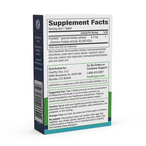 Three-quarter view of HistaHarmony supplement box showing Supplement Facts panel and usage instructions on white background