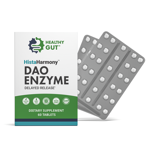 Front view of HistaHarmony DAO enzyme box showcasing DAO ENZYME delayed release dietary supplement with blister packs on white background