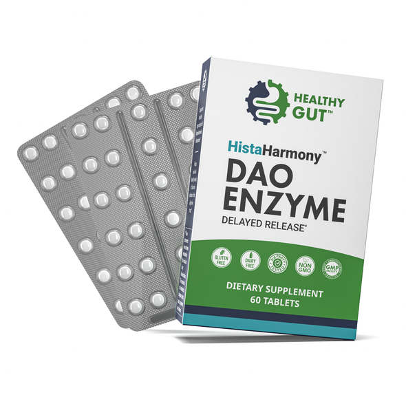 Angled view of HistaHarmony box with DAO ENZYME Delayed Release headline, blister tablets and Healthy Gut logo on white