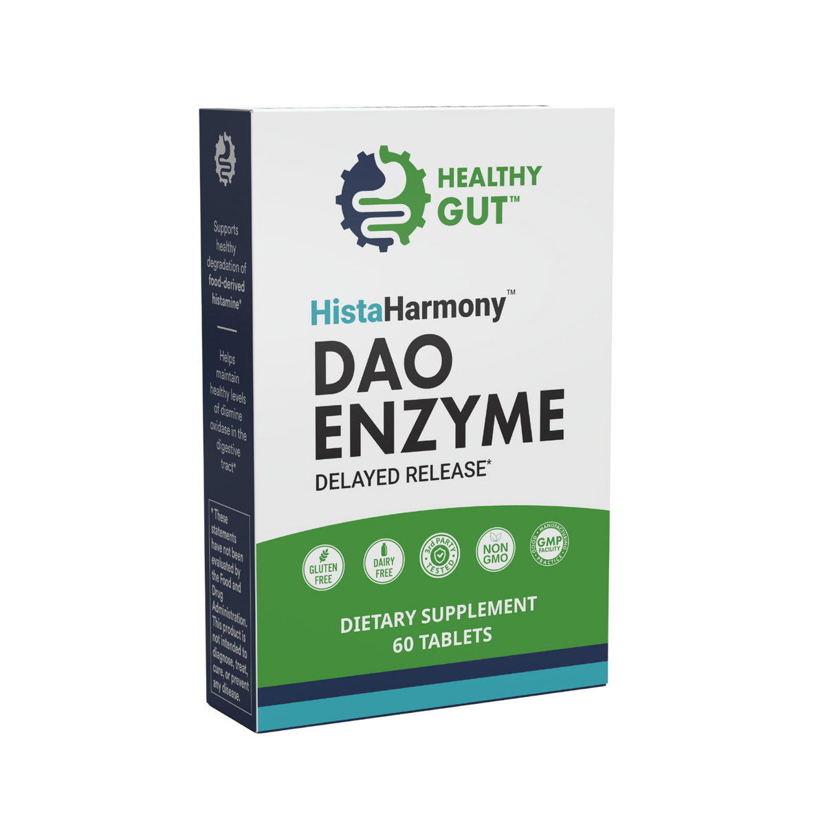 Three-quarter view of HistaHarmony DAO Enzyme supplement box showing 'DAO ENZYME Delayed Release', Healthy Gut logo, '60 tablets', and dietary icons on white background