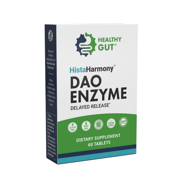 Three-quarter view of HistaHarmony DAO Enzyme supplement box showing 'DAO ENZYME Delayed Release', Healthy Gut logo, '60 tablets', and dietary icons on white background