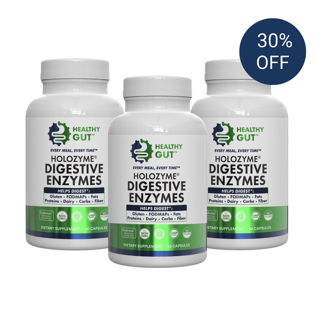 Front view of three HoloZyme digestive enzyme bottles showing a three month supply with a thirty percent off badge