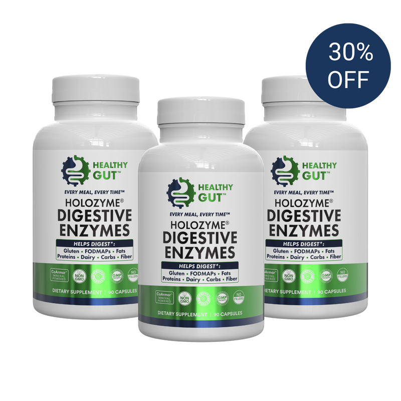 Front view of three HoloZyme digestive enzyme bottles showing a three month supply with a thirty percent off badge