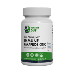 Front view of HoloImmune Immune Paraprobiotic supplement bottle showcasing the Healthy Gut label and product name on a white background
