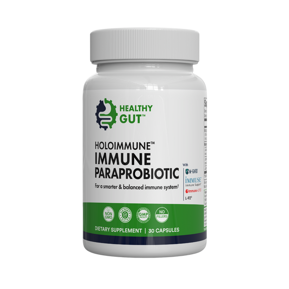 Front view of HoloImmune Immune Paraprobiotic supplement bottle showcasing the Healthy Gut label and product name on a white background