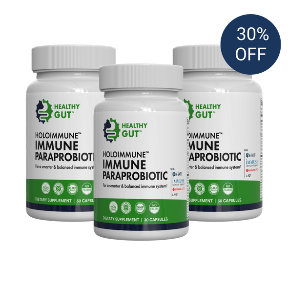 Front view of three HoloImmune supplement bottles showing label text and blue 30 percent OFF badge on white background