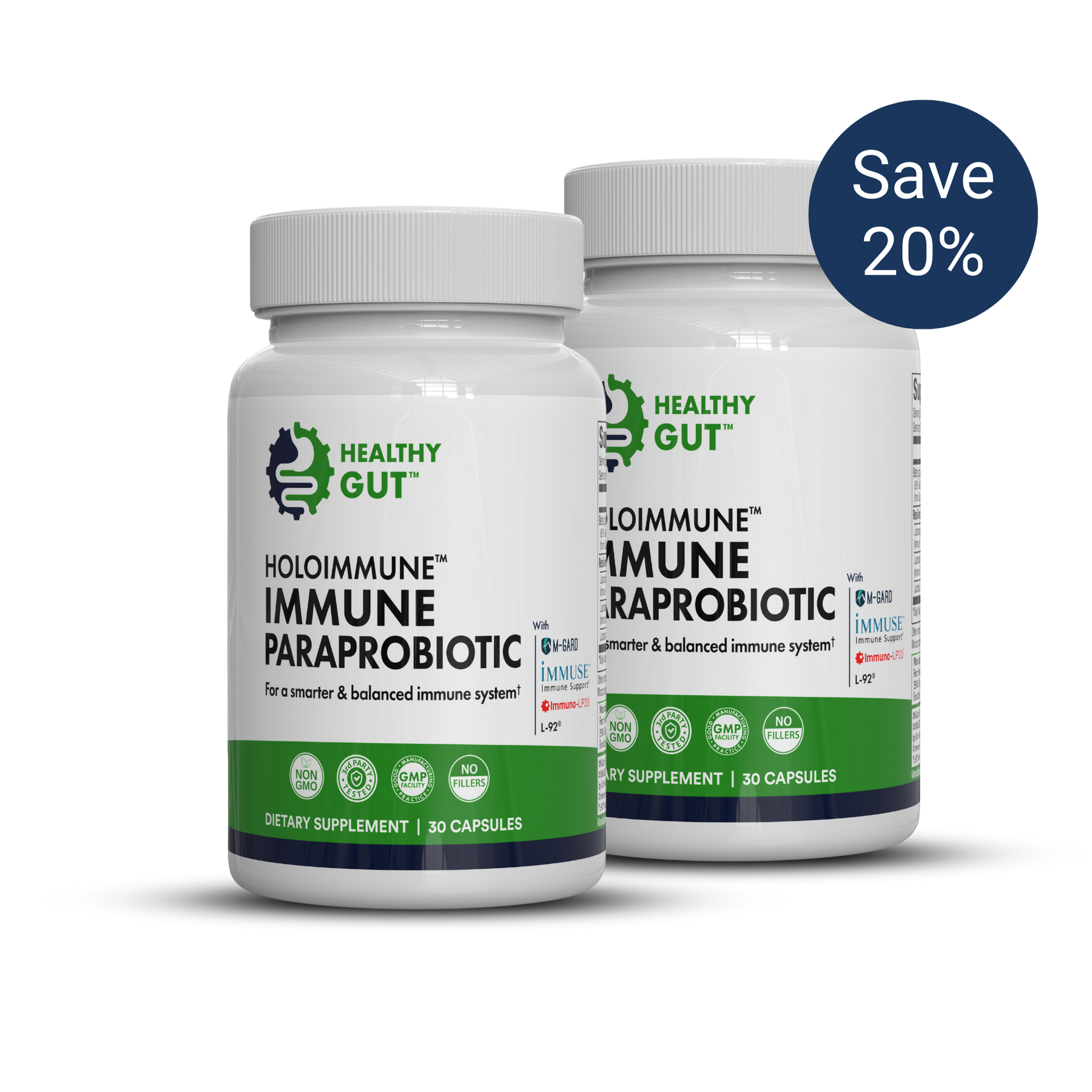 Two HEALTHY GUT™ HOLOIMMUNE™ IMMUNE PARAPROBIOTIC bottles — For a smarter & balanced immune system†; DIETARY SUPPLEMENT 30 CAPSULES; NON GMO GMP NO FILLERS; Save 20%.