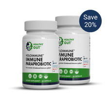 Two HEALTHY GUT™ HOLOIMMUNE™ IMMUNE PARAPROBIOTIC bottles — For a smarter & balanced immune system†; DIETARY SUPPLEMENT 30 CAPSULES; NON GMO GMP NO FILLERS; Save 20%.